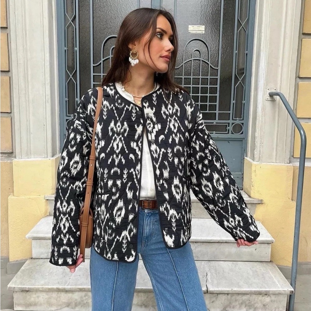 Zara Black and White Patterned Quilted Spring Jacket Size M